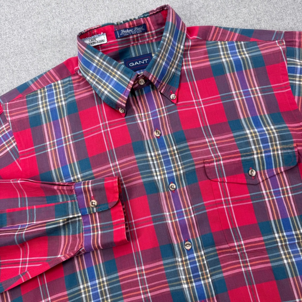 Vtg GANT Foxhunt Plaid Shirt Mens Large Red Plaid Cotton Blend Preppy Hong Kong